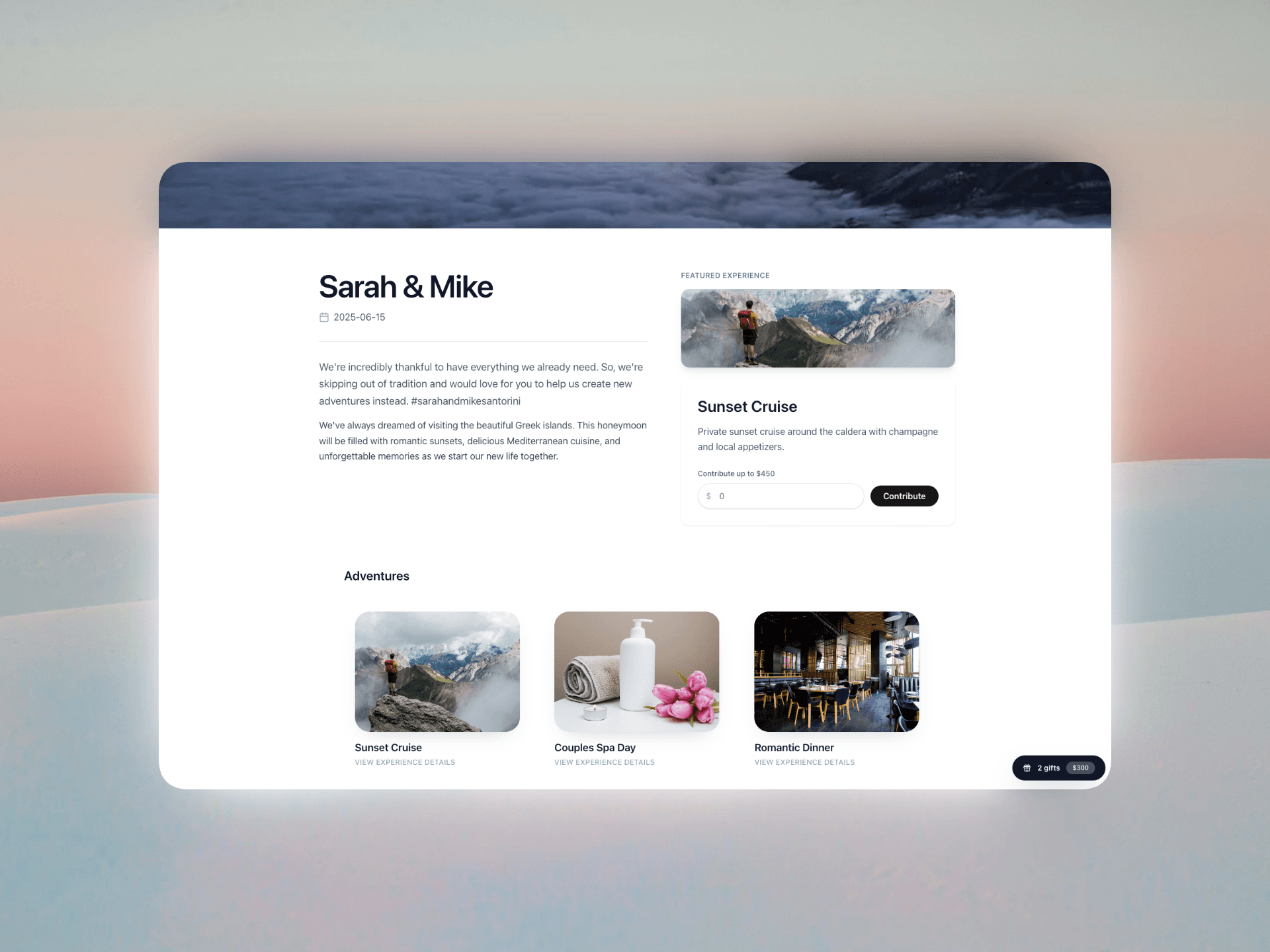 Example honeymoon registry preview