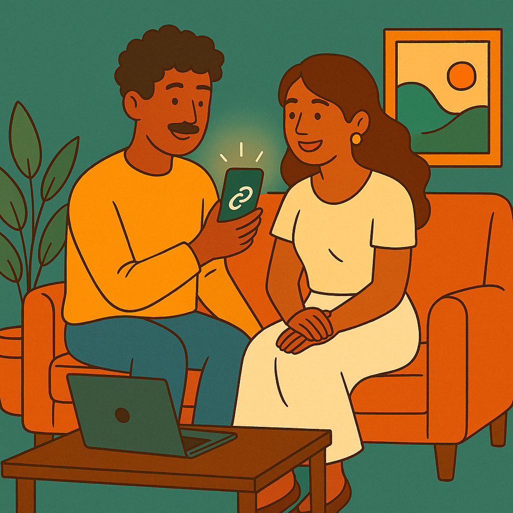 Illustration: family and friends receiving and sharing a link